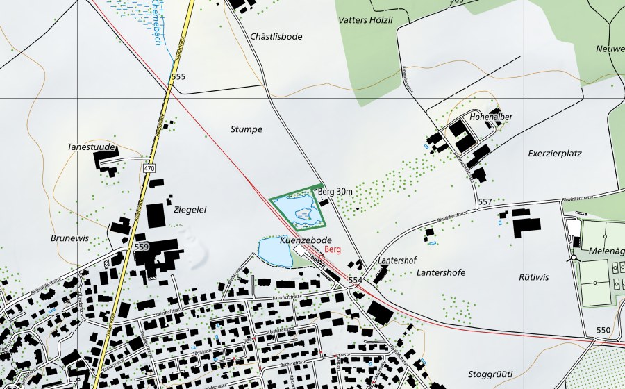 Landeskarte swisstopo mit dem Schutzperimeter von Ziegeleiweiher Berg (Naturschutzgebiet)
