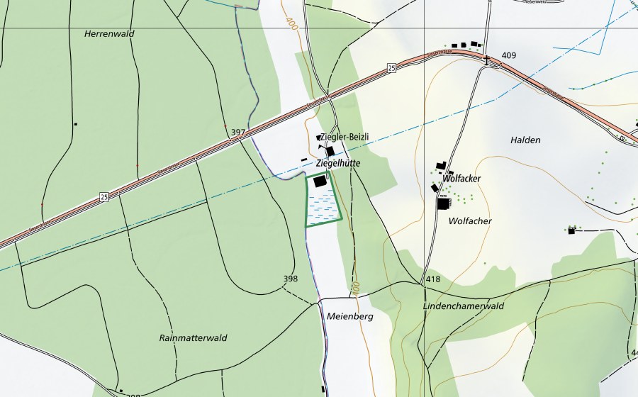 swisstopo national map showing the protected perimeter of Ziegelhütte (Nature reserve)