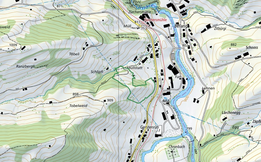 Carte nationale swisstopo avec le périmètre protégé de Zürchersmühle (Réserve naturelle)