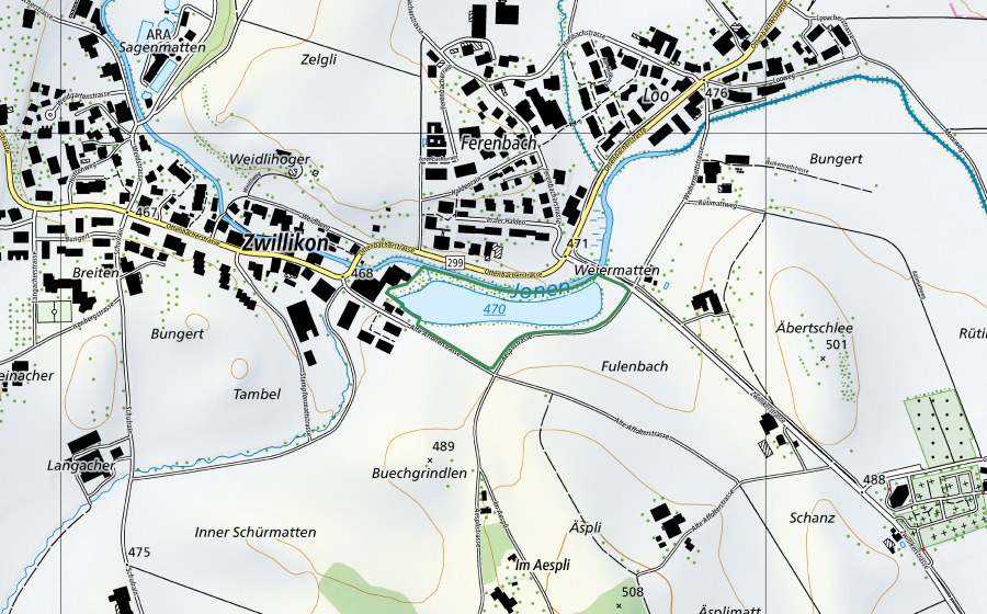 Landeskarte swisstopo mit dem Schutzperimeter von Zwillikerweiher (Naturschutzgebiet)