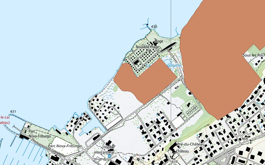 Carte nationale swisstopo avec le périmètre protégé de Rive sud du lac de Neuchatel (Site Ramsar)