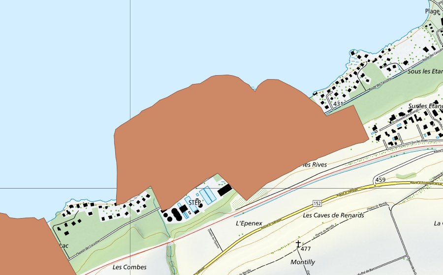 swisstopo national map showing the protected perimeter of Rive sud du lac de Neuchatel (Ramsar site)