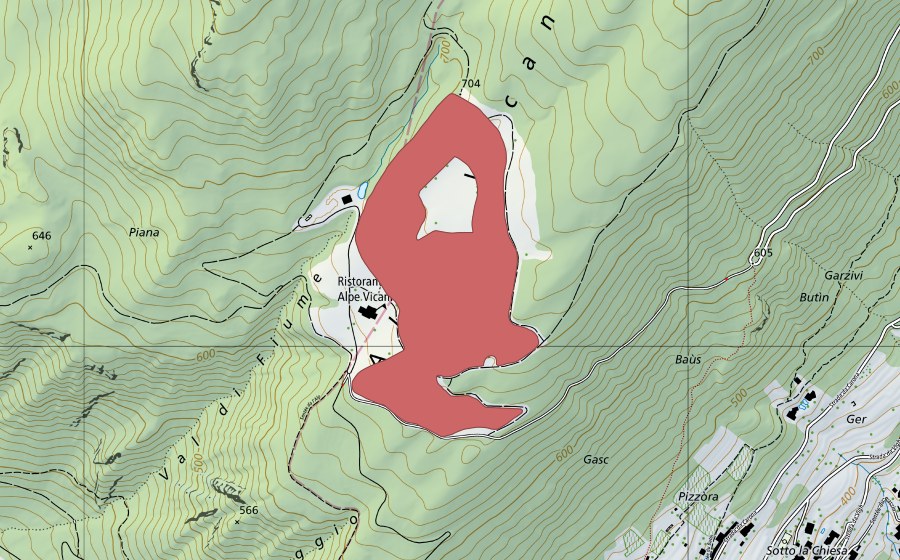 Landeskarte swisstopo mit dem Schutzperimeter von A. Vicania (Trockenwiese)