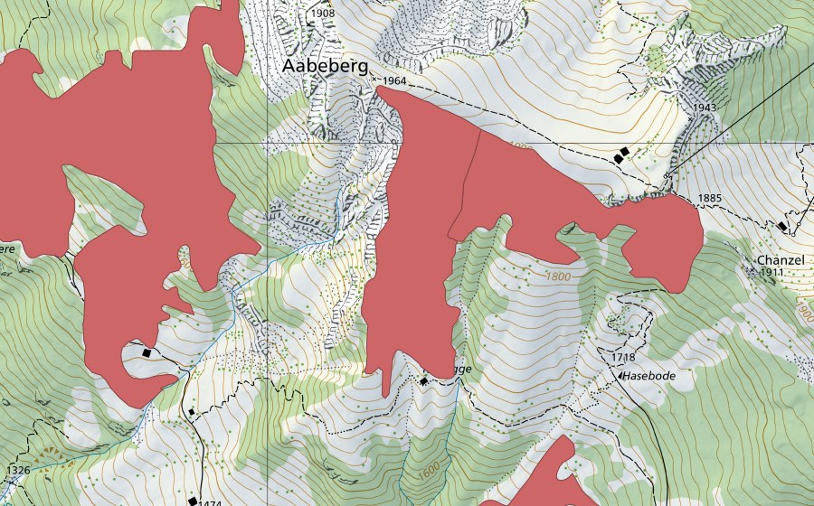 Landeskarte swisstopo mit dem Schutzperimeter von Aabeberg (Trockenwiese)
