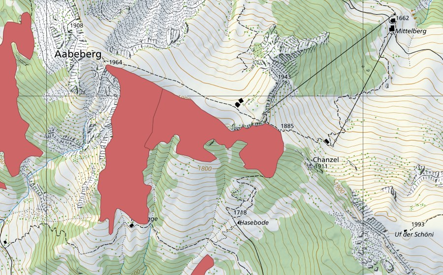 swisstopo national map showing the protected perimeter of Aabeberg (Dry meadow)