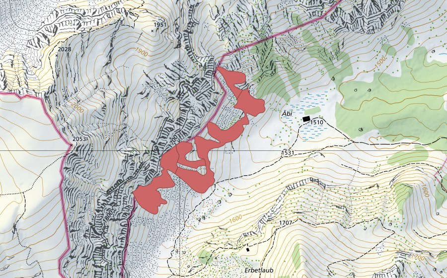Carte nationale swisstopo avec le périmètre protégé de Äbi (Prairie sèche)