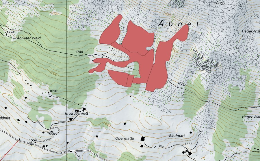 Carte nationale swisstopo avec le périmètre protégé de Äbnet (Prairie sèche)
