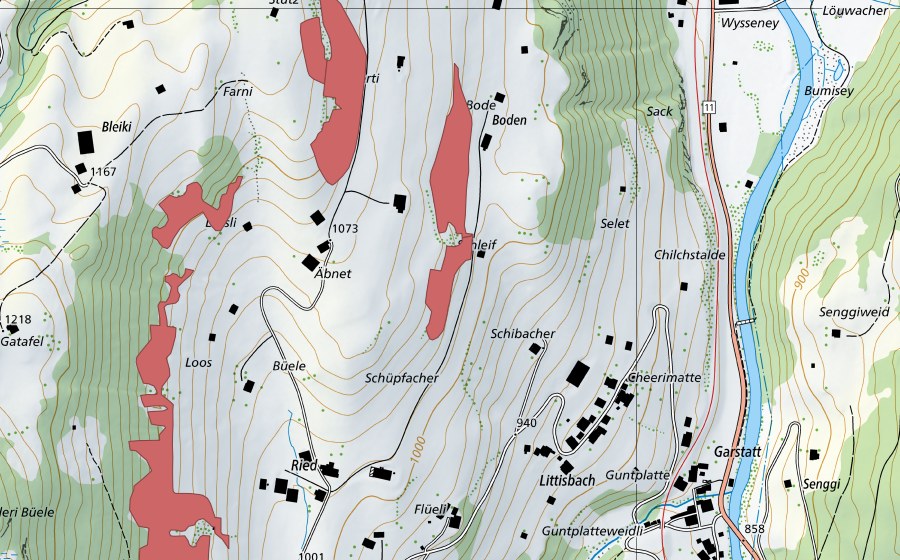 Carte nationale swisstopo avec le périmètre protégé de Äbnet (Prairie sèche)