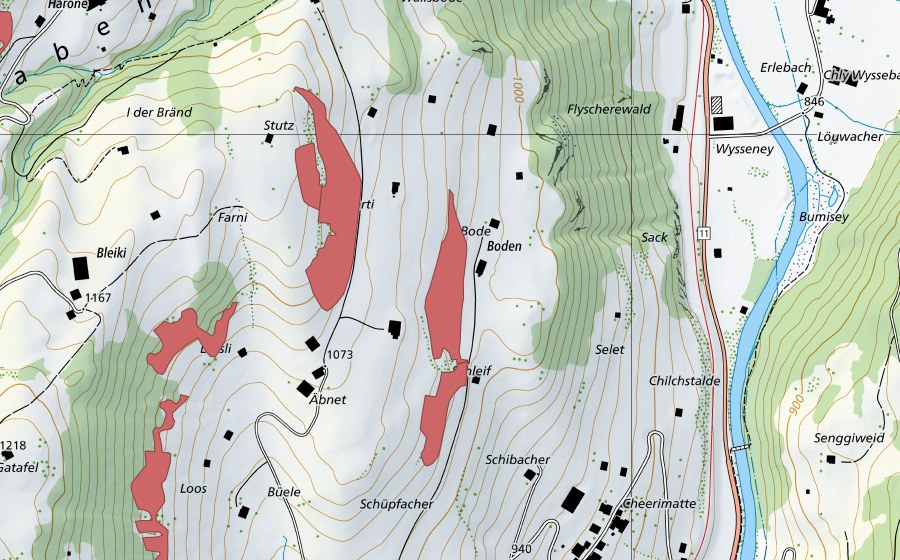 Carte nationale swisstopo avec le périmètre protégé de Äbnet (Prairie sèche)