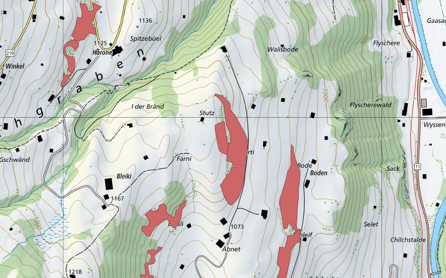 Carte nationale swisstopo avec le périmètre protégé de Äbnet (Prairie sèche)