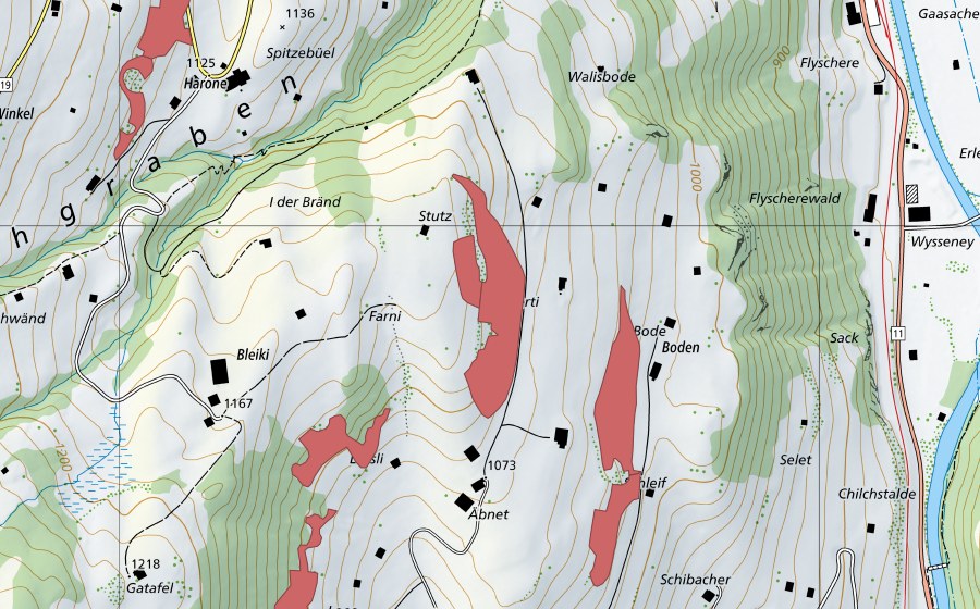 Carte nationale swisstopo avec le périmètre protégé de Äbnet (Prairie sèche)