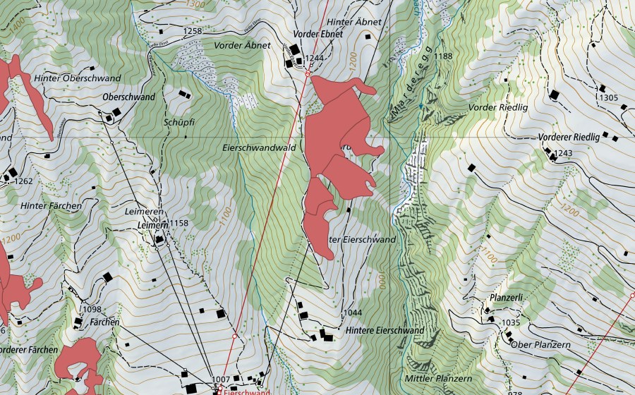 Landeskarte swisstopo mit dem Schutzperimeter von Äbnet (Trockenwiese)