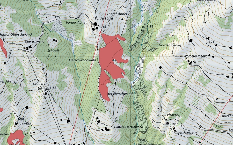 Carte nationale swisstopo avec le périmètre protégé de Äbnet (Prairie sèche)