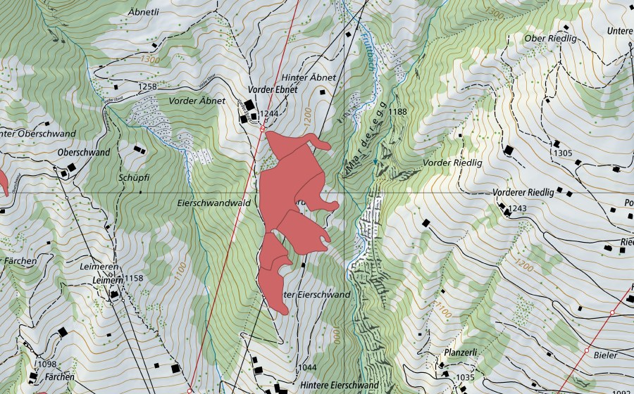 Landeskarte swisstopo mit dem Schutzperimeter von Äbnet (Trockenwiese)