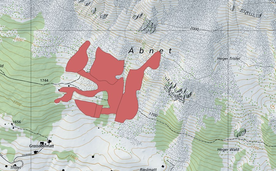 swisstopo national map showing the protected perimeter of Äbnet (Dry meadow)