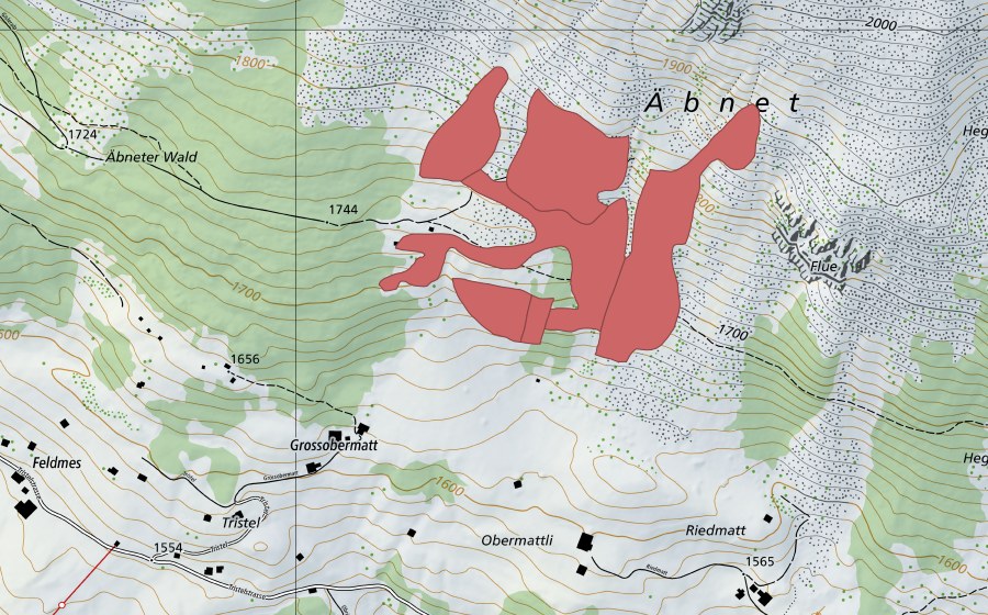 Carte nationale swisstopo avec le périmètre protégé de Äbnet (Prairie sèche)