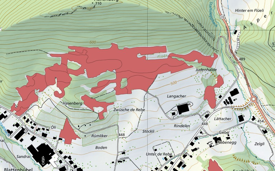 Landeskarte swisstopo mit dem Schutzperimeter von Acheberg (Trockenwiese)