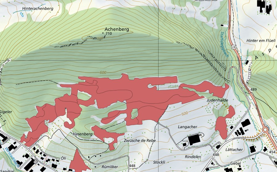 swisstopo national map showing the protected perimeter of Acheberg (Dry meadow)