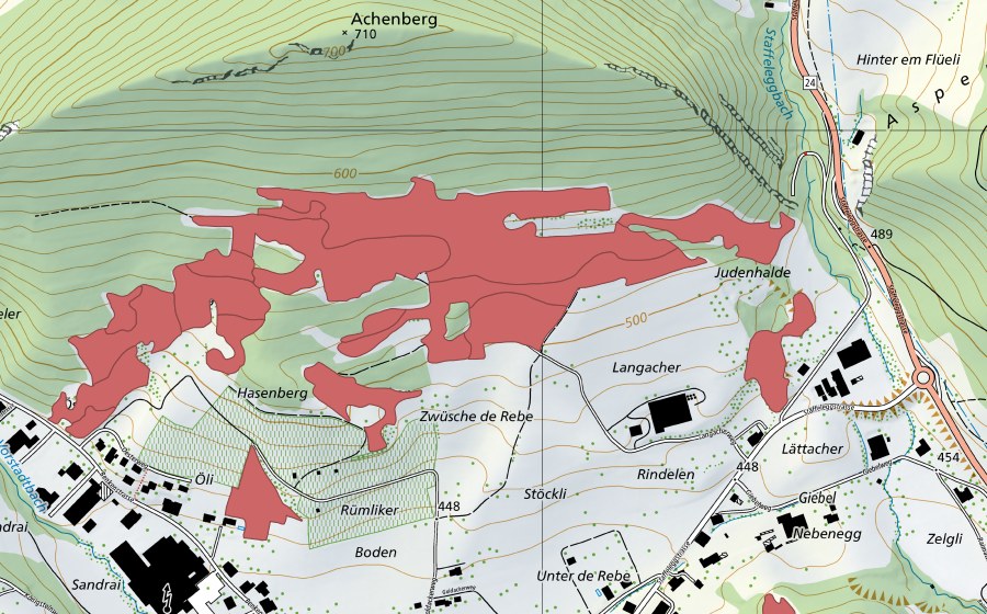 Landeskarte swisstopo mit dem Schutzperimeter von Acheberg (Trockenwiese)