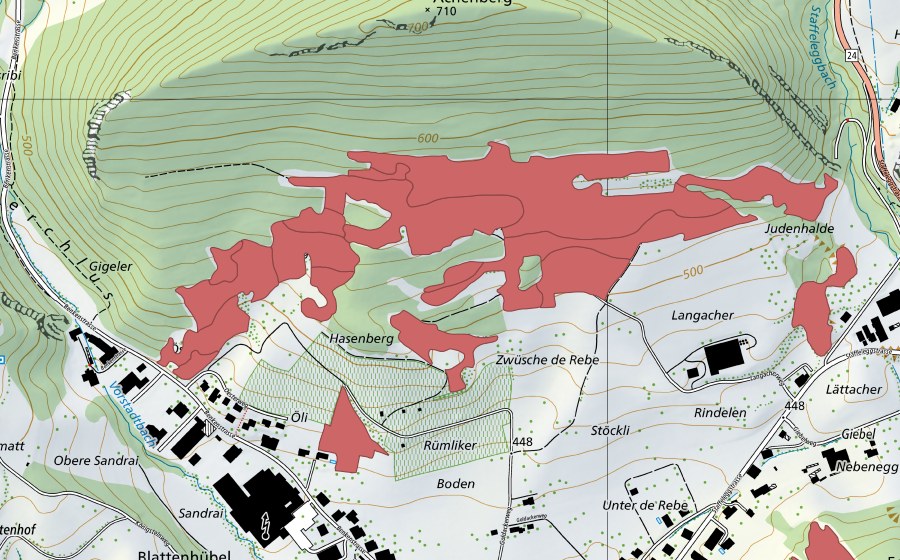 Carte nationale swisstopo avec le périmètre protégé de Acheberg (Prairie sèche)