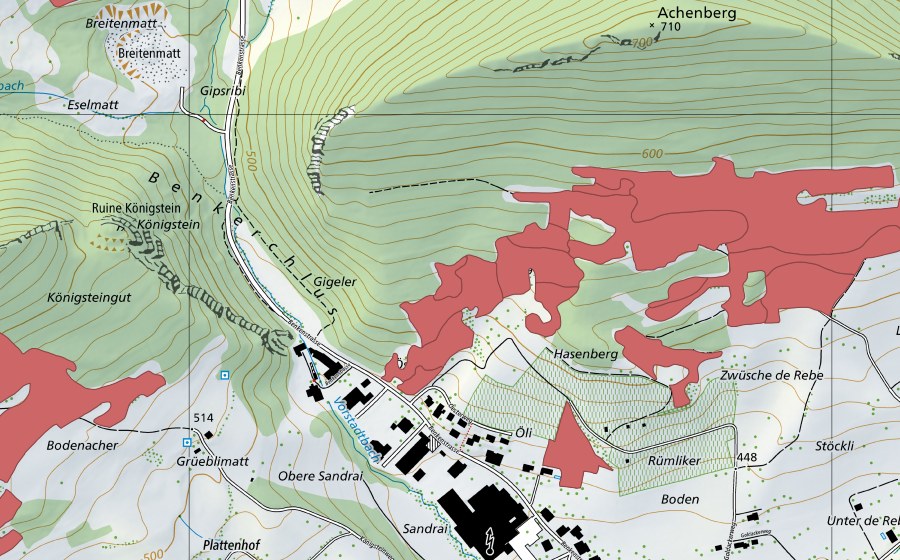 swisstopo national map showing the protected perimeter of Acheberg (Dry meadow)