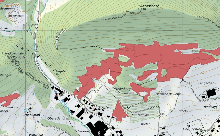 Carte nationale swisstopo avec le périmètre protégé de Acheberg (Prairie sèche)