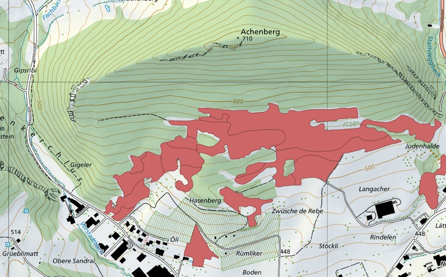 Landeskarte swisstopo mit dem Schutzperimeter von Acheberg (Trockenwiese)