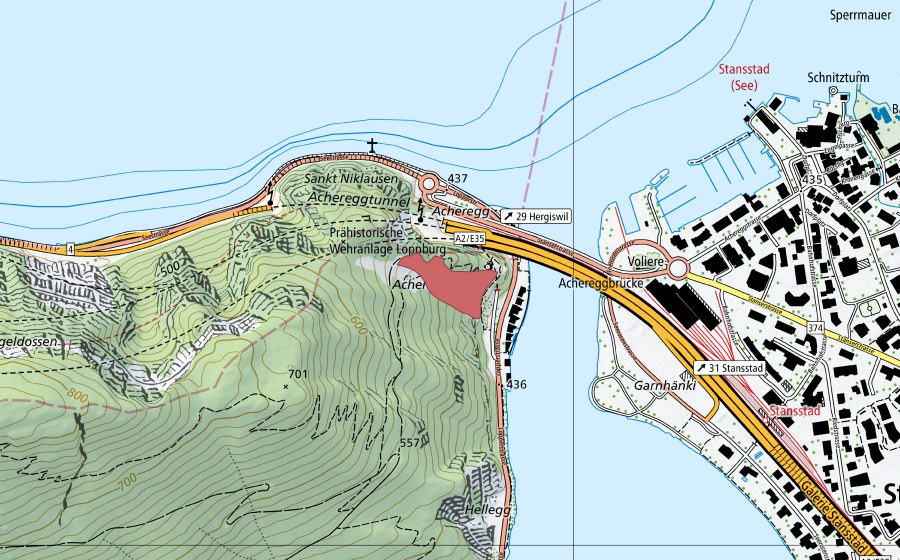 Carte nationale swisstopo avec le périmètre protégé de Acheregg (Prairie sèche)