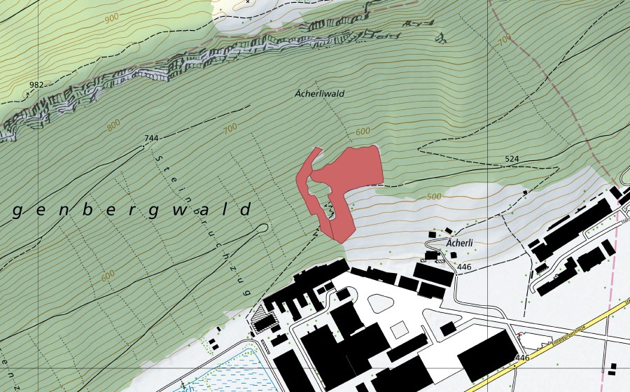 swisstopo national map showing the protected perimeter of Ächerli (Dry meadow)