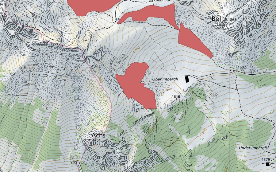 Carte nationale swisstopo avec le périmètre protégé de Achs (Prairie sèche)