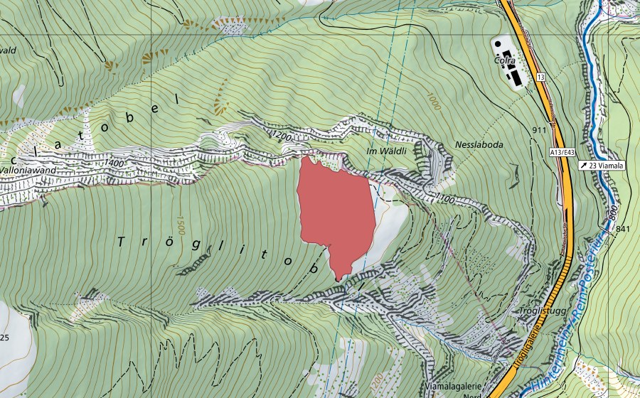 swisstopo national map showing the protected perimeter of Acla Sut (Dry meadow)