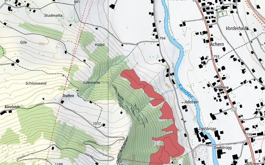 swisstopo national map showing the protected perimeter of Adelrain (Dry meadow)