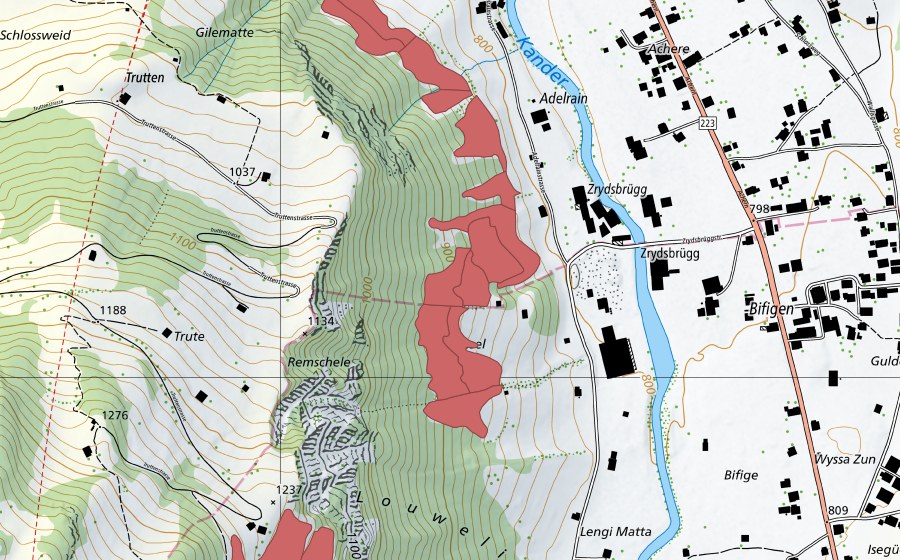 Landeskarte swisstopo mit dem Schutzperimeter von Adelrain (Trockenwiese)