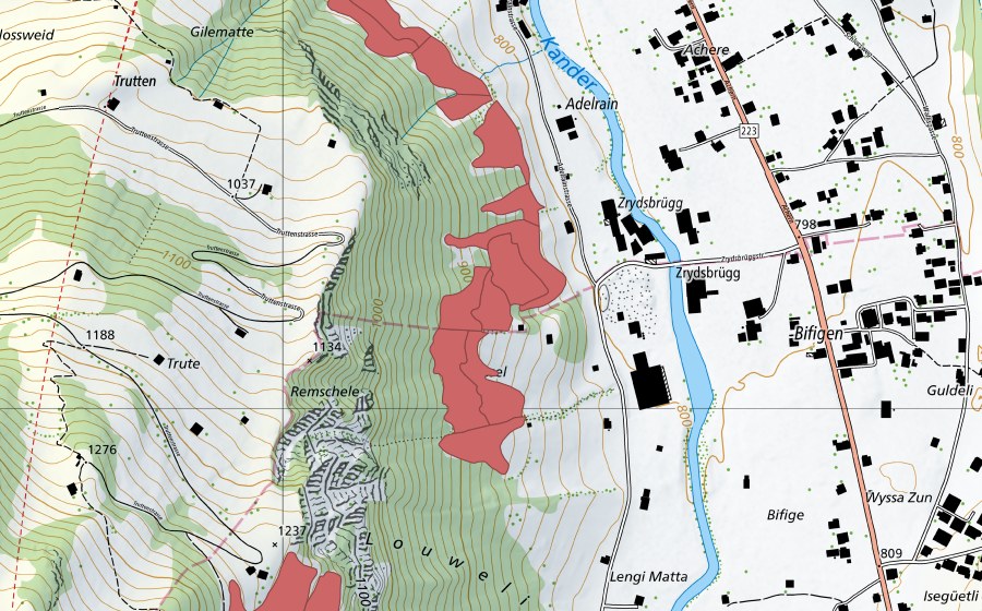 Carte nationale swisstopo avec le périmètre protégé de Adelrain (Prairie sèche)
