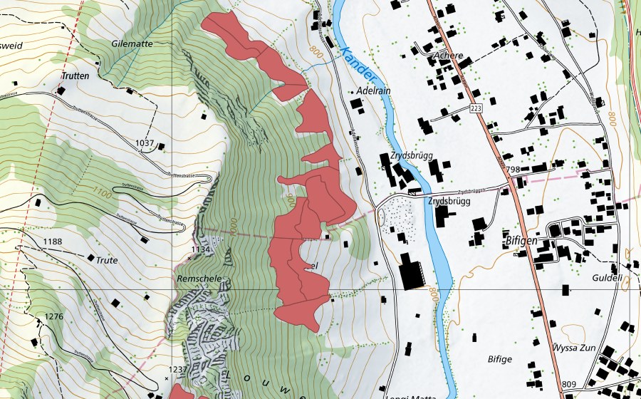 Landeskarte swisstopo mit dem Schutzperimeter von Adelrain (Trockenwiese)