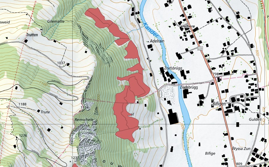 Carte nationale swisstopo avec le périmètre protégé de Adelrain (Prairie sèche)