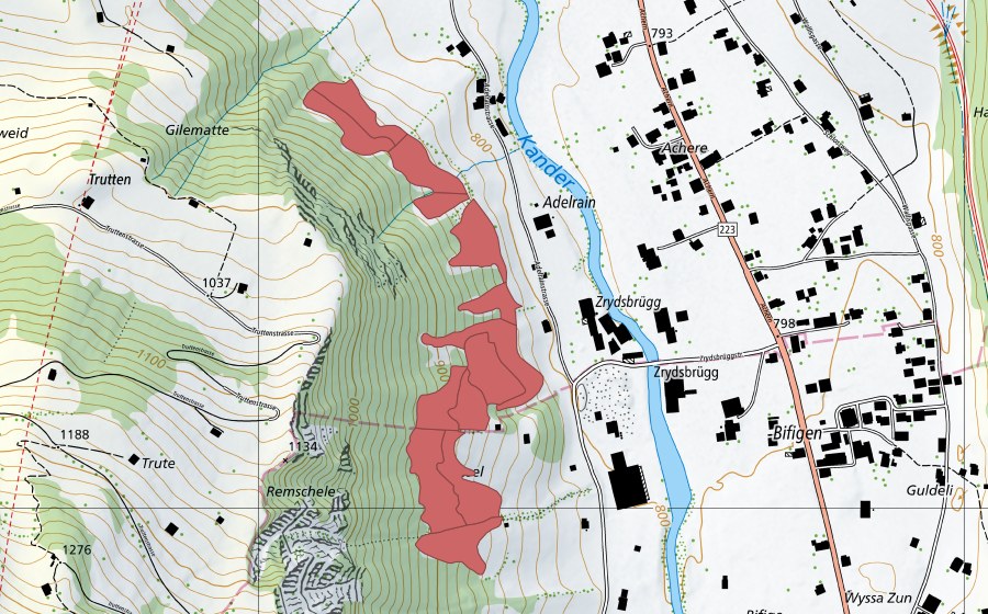 Landeskarte swisstopo mit dem Schutzperimeter von Adelrain (Trockenwiese)