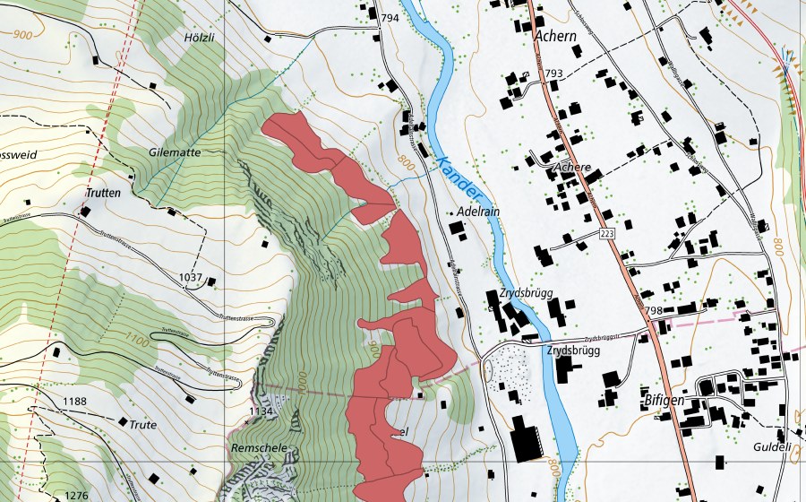 Landeskarte swisstopo mit dem Schutzperimeter von Adelrain (Trockenwiese)