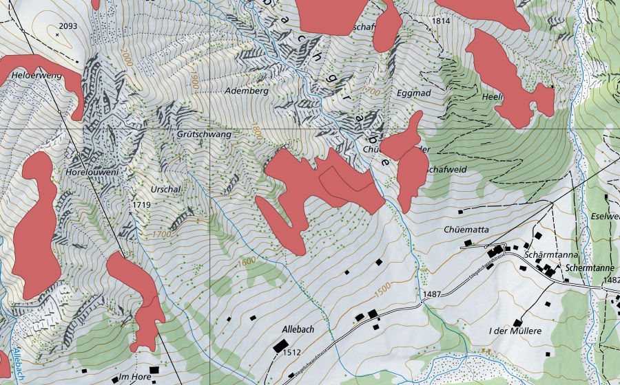 Landeskarte swisstopo mit dem Schutzperimeter von Ademberg (Trockenwiese)