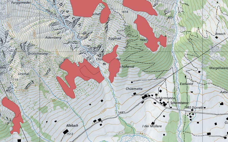 swisstopo national map showing the protected perimeter of Ademberg (Dry meadow)