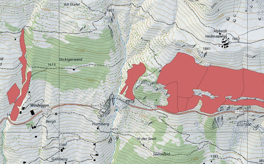swisstopo national map showing the protected perimeter of Ahöri (Dry meadow)