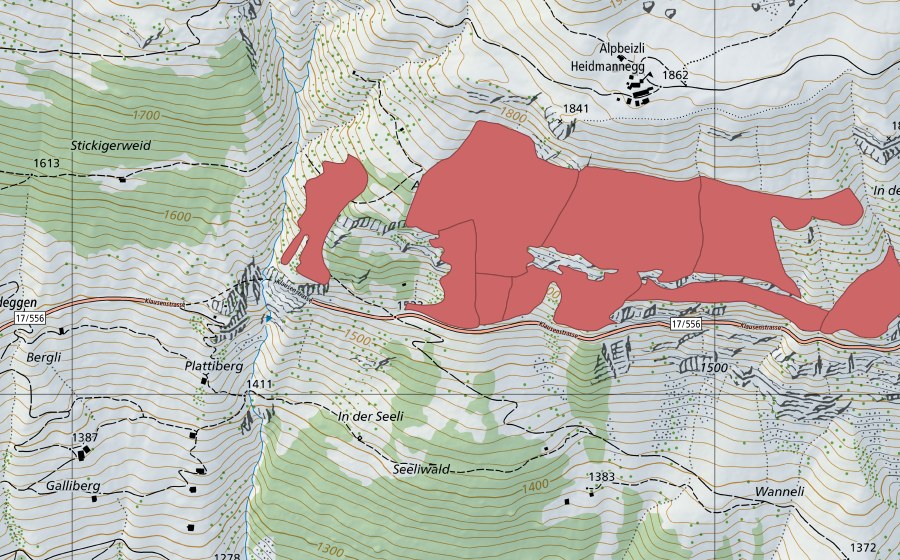 Landeskarte swisstopo mit dem Schutzperimeter von Ahöri (Trockenwiese)