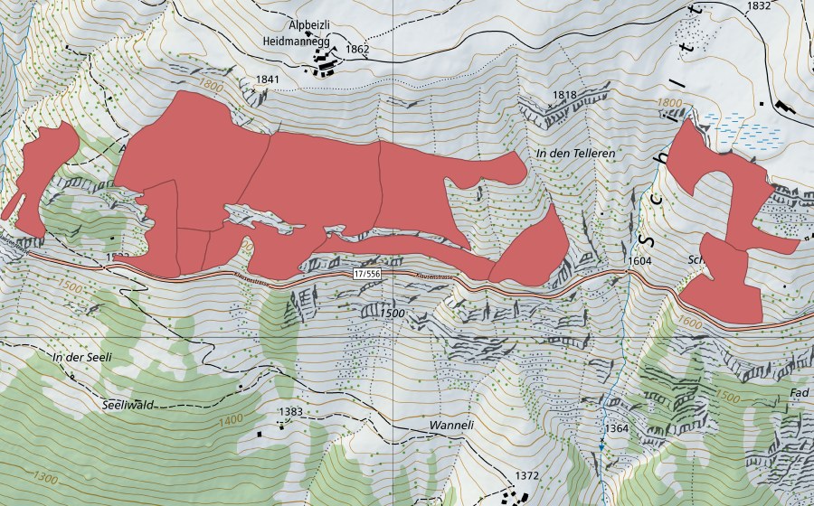 Landeskarte swisstopo mit dem Schutzperimeter von Ahöri (Trockenwiese)