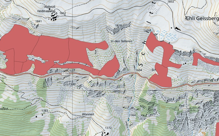 swisstopo national map showing the protected perimeter of Ahöri (Dry meadow)