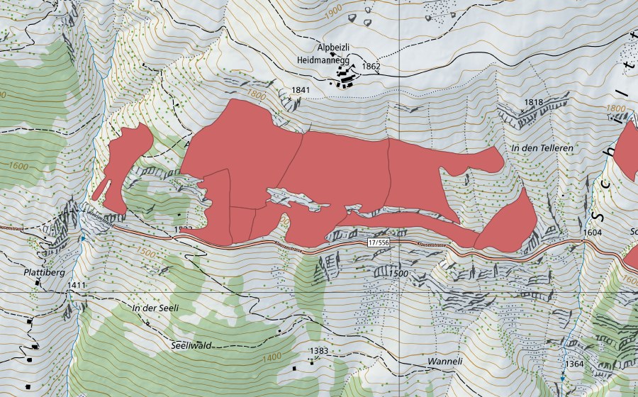Carte nationale swisstopo avec le périmètre protégé de Ahöri (Prairie sèche)