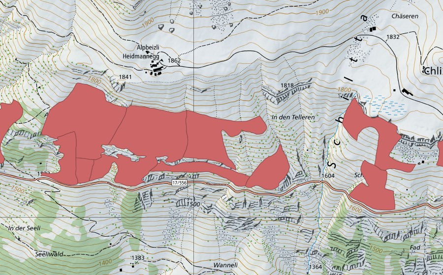 Carte nationale swisstopo avec le périmètre protégé de Ahöri (Prairie sèche)