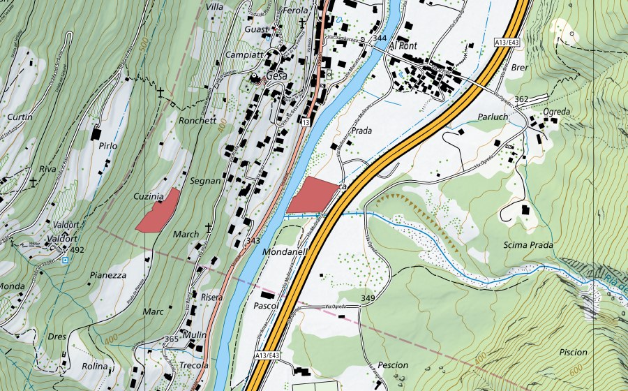 swisstopo national map showing the protected perimeter of Al Pont (Dry meadow)
