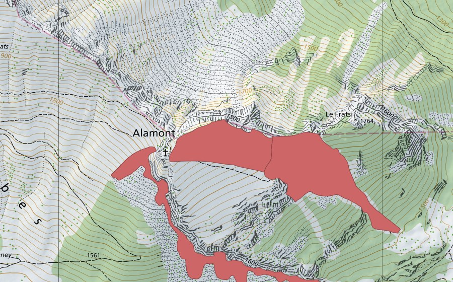 swisstopo national map showing the protected perimeter of Alamont (Dry meadow)