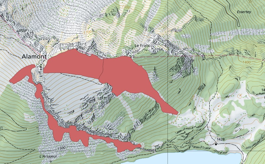 Landeskarte swisstopo mit dem Schutzperimeter von Alamont (Trockenwiese)