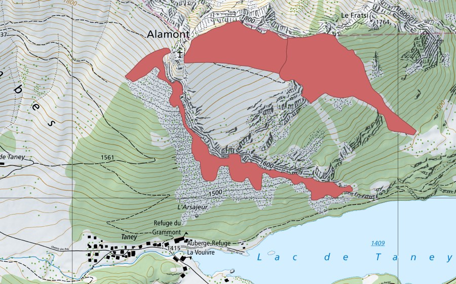 Carte nationale swisstopo avec le périmètre protégé de Alamont (Prairie sèche)